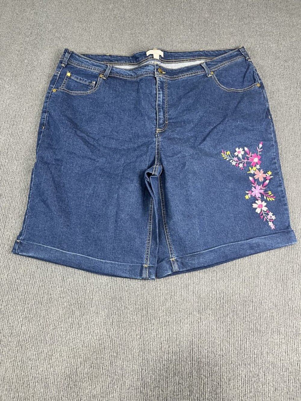 Woman Within Denim Bermuda Shorts 24W Floral Embroidery Dark Wash Plus Size